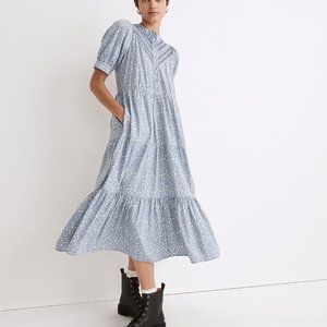 Madewell Blue Embroidered Puff-Sleeve Midi Dress. Medium. NWT
